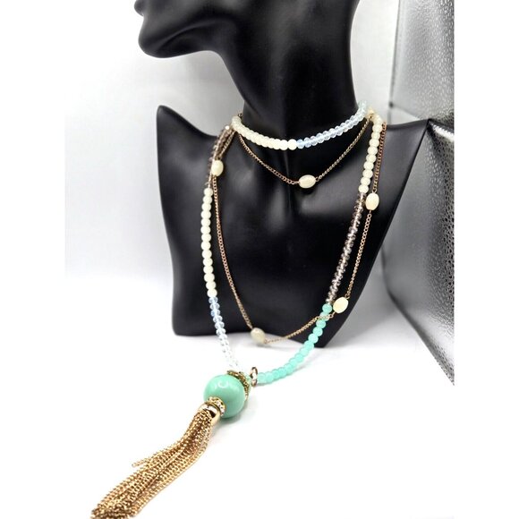 Vintage Glass Lariat Necklace 30" w6" dangle 36" rhinestones and ab crystal - Picture 2 of 10